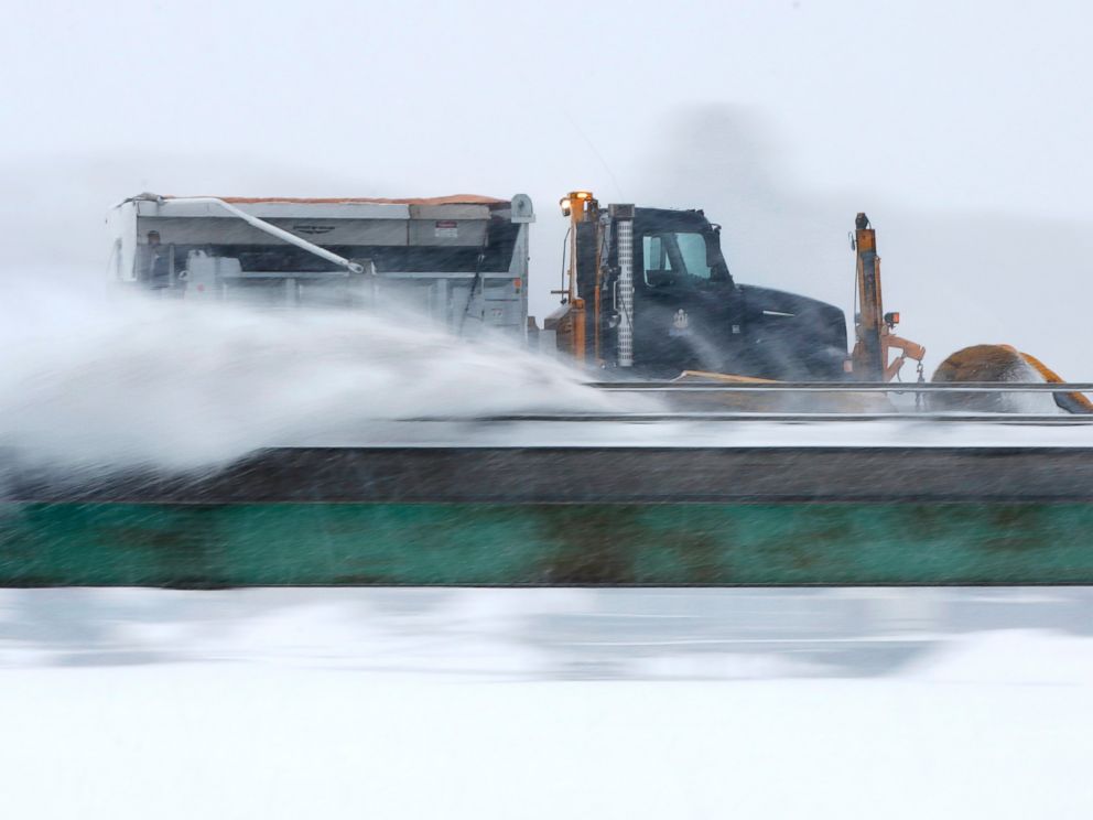 PHOTO: A plow clears snow on I-295 during a winter storm, Feb. 2, 2015, in Yarmouth, Maine.