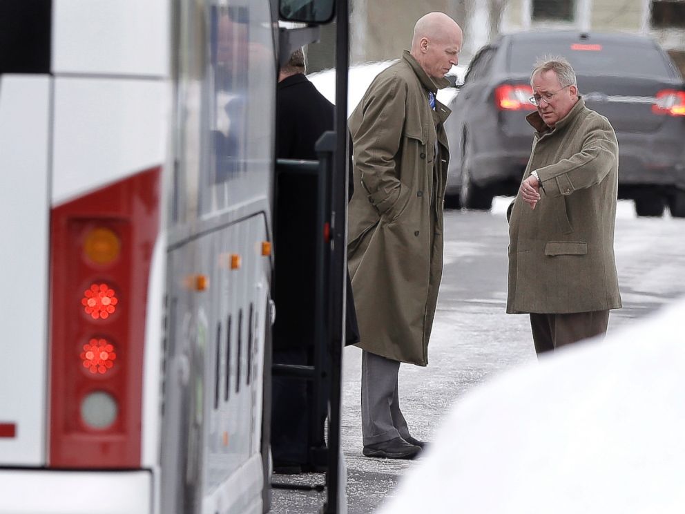 PHOTO: Massachusetts assistant District Attorneys William McCauley, left, and Patrick Bomberg, right, prepare to depart the North Attleborough, Mass., home of former New England Patriots football player Aaron Hernandez, Feb. 6, 2015.