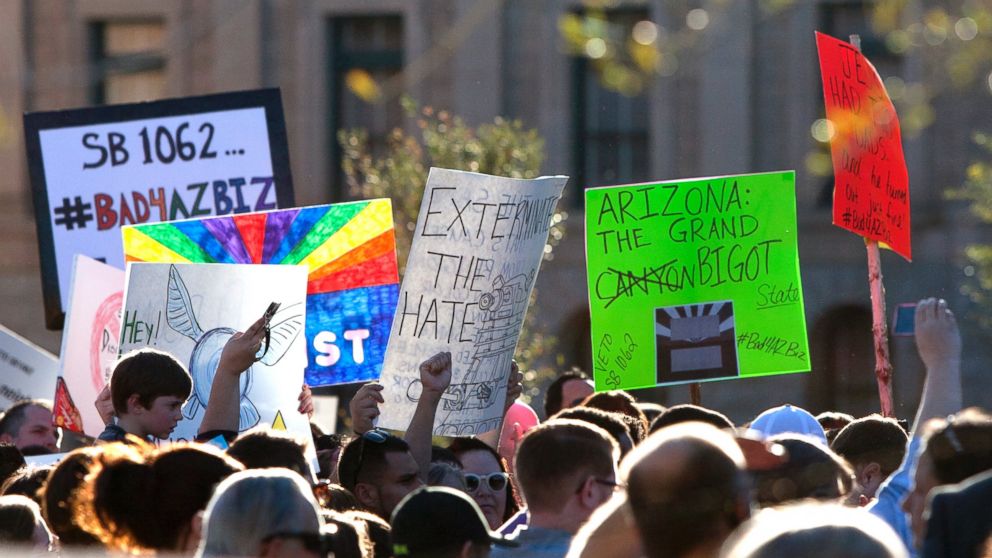 PHOTO: Opponents of the SB1062, a religious freedom bill, urged Gov. Brewer to veto the bill during a protest rally at the state Capitol, Feb. 21, 2014.