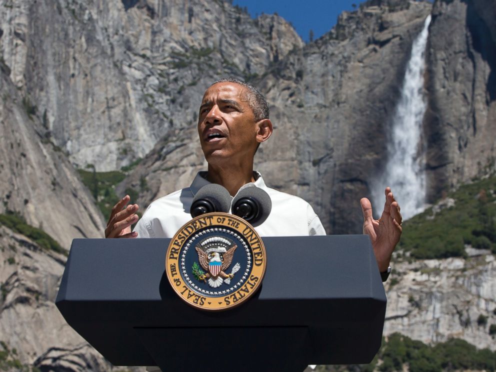 PHOTO: President Barack Obama speaks by the Sentinel Bridge in the Yosemite Valley, in front of Yosemite Falls which is the highest waterfall in the park at Yosemite National Park, Calif., June 18, 2016.