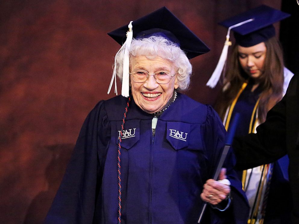 PHOTO: Betty Reilly walks across the stage at Florida Atlantic University to receive a Bachelor of Arts degree in English, Dec. 10, 2015 in Boca Raton, Fla.