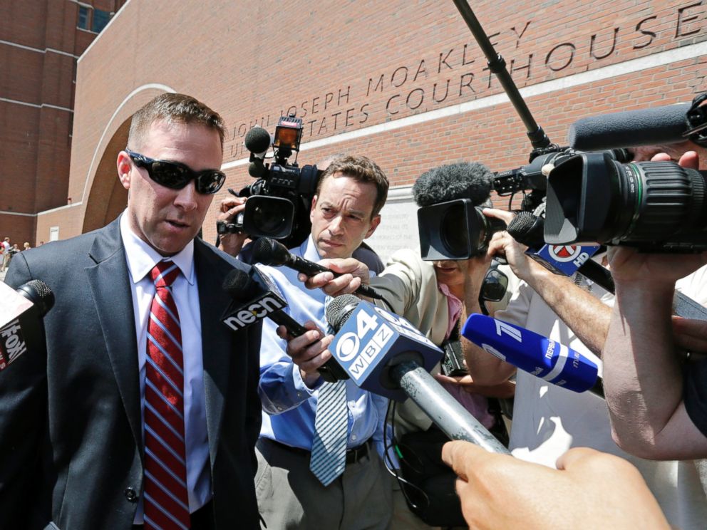 PHOTO: MBTA Transit Police officer Richard Donohue talks with reporters as he leaves the Moakley Federal Courthouse following Tsarnaevs formal sentencing in Boston, June 24, 2015.