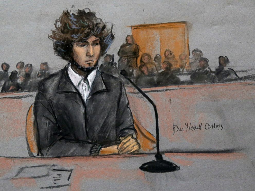 PHOTO: In this courtroom sketch, Boston Marathon bombing suspect Dzhokhar Tsarnaev is depicted sitting in federal court in Boston on Dec. 18, 2014.