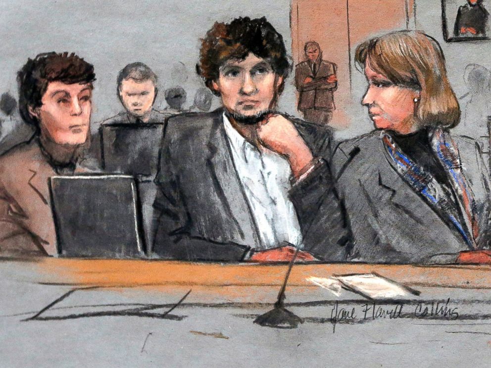 PHOTO: In this courtroom sketch, Dzhokhar Tsarnaev, center, is depicted between defense attorneys Miriam Conrad, left, and Judy Clarke, right, during his federal death penalty trial, March 5, 2015, in Boston.