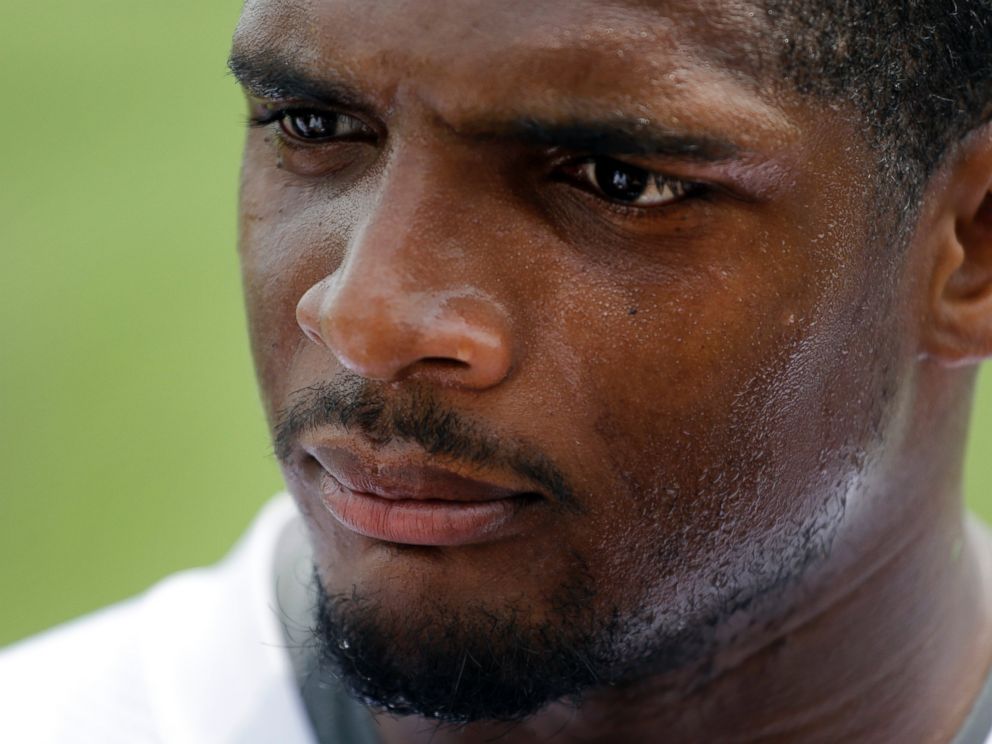 PHOTO: St. Louis Rams defensive end Michael Sam listens to a question while meeting with the media following an organized team activity at the NFL football teams practice facility in St. Louis, June 6, 2014.