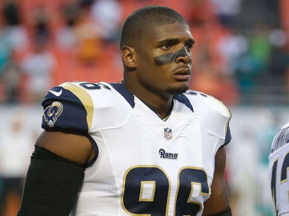 PHOTO: St. Louis Rams defensive end Michael Sam (96) on the sidelines during the first half of an NFL preseason football game against the Miami Dolphins, Aug. 28, 2014 in Miami Gardens, Fla.
