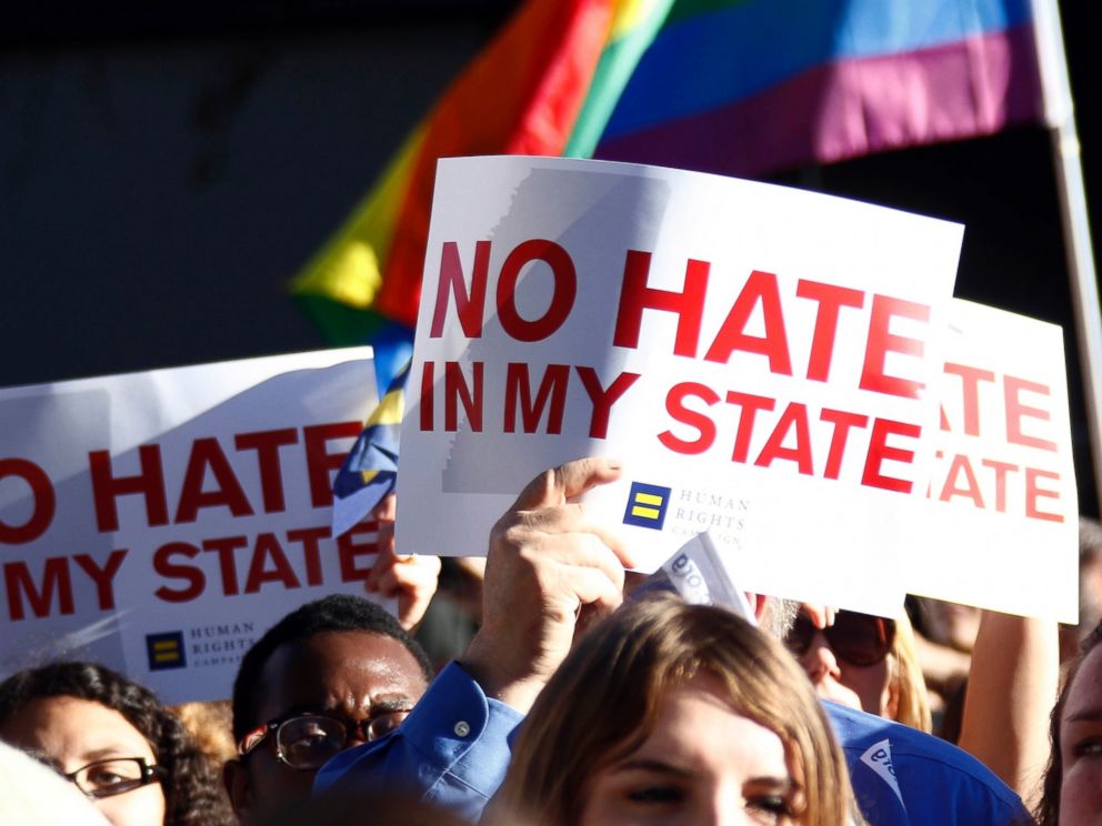 PHOTO: Protesters call for Mississippi Gov. Phil Bryant to veto House Bill 1523, which they says will allow discrimination against LGBT people, during a rally outside the Governors Mansion in Jackson, Miss., April 4, 2016.