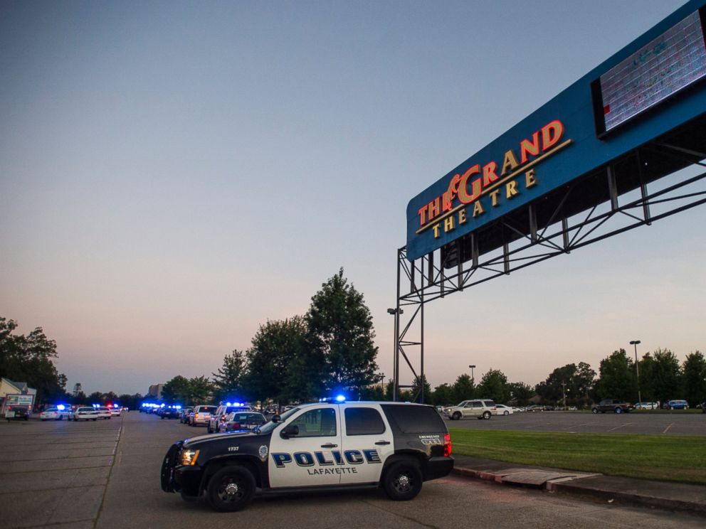 PHOTO: A Lafayette Police Department vehicle blocks an entrance at the Grand Theatre in Lafayette, La., following a shooting, Thursday, July 23, 2015.