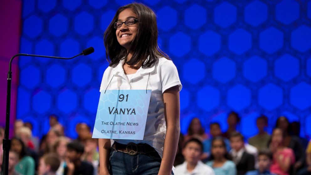 PHOTO: Vanya Shivashankar, 11, of Olathe, Kansas, smiles after spelling the word "shillibeer" correctly during the final round of the National Spelling Bee in Oxon Hill, Maryland, May 30, 2013.