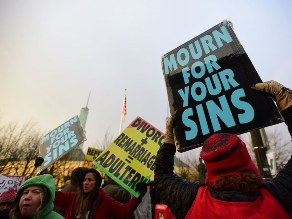 PHOTO: Westboro Baptist Church members take part in a picket outside of the Gay Christian Network Conference held at the Convention Center in Portland, Ore., Jan. 10, 2015.