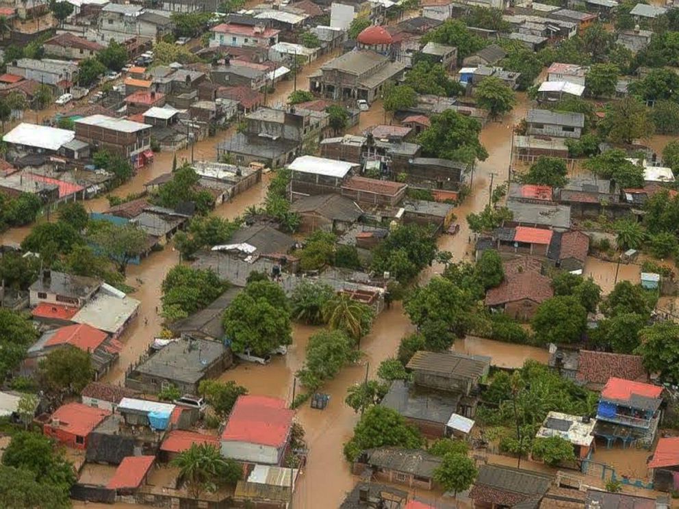 PHOTO: A handout photo made available by the Mexican Information Agency Quadratin on Sept. 6, 2016 shows an aerial view of a zone affected by a flooding caused by heavy rains from hurricane Newton in Benito Juarez, Mexico, Sept. 5, 2016.