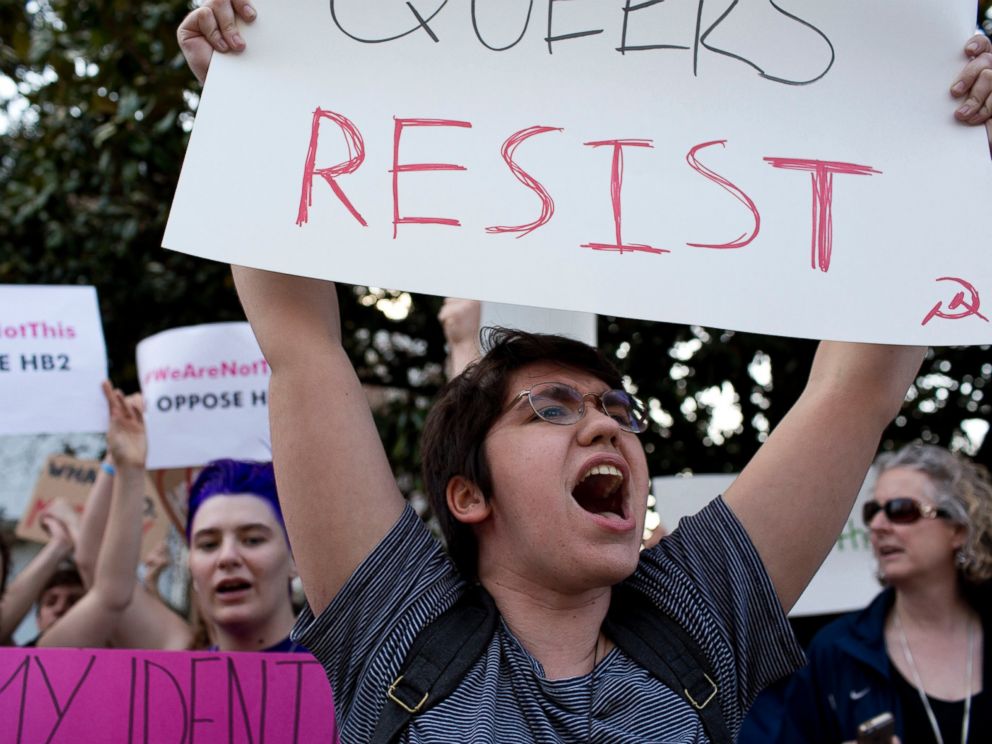 PHOTO: Duke University student Sydney Roberts shouts during a protest against House Bill 2 on Thursday, March 24, 2016, outside of the Governors Mansion on North Blount Street in downtown Raleigh, N.C.