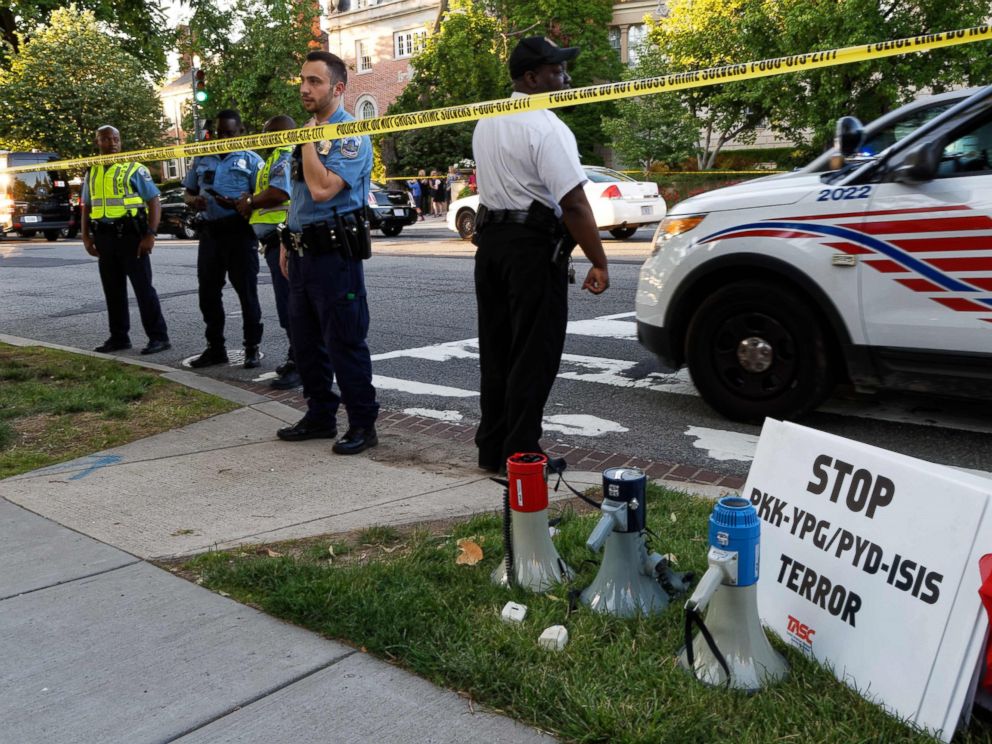 PHOTO: Police secure the street outside the Turkish embassy during a visit by Turkish President Recep Tayyip Erdogan on May 16, 2017 in Washington, DC.