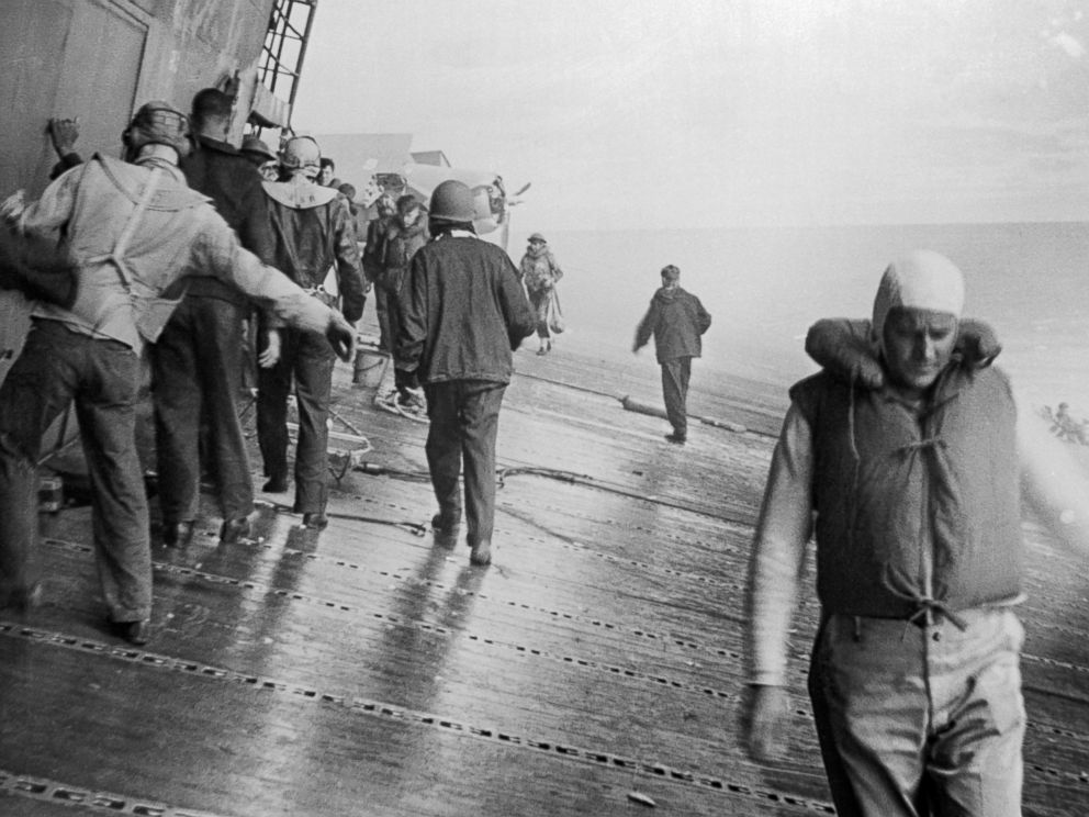 PHOTO: The deck of the U.S.S. Yorktown aircraft carrier listing badly after she had been hit by bombs and torpedoes in the Battle of Midway.