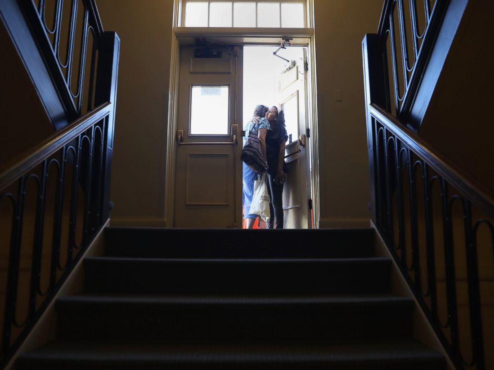 PHOTO: Undocumented immigrant Jeanette Vizguerra, hugs a friend goodbye while taking sanctuary at the First Baptist Church, May 5, 2017, in Denver.