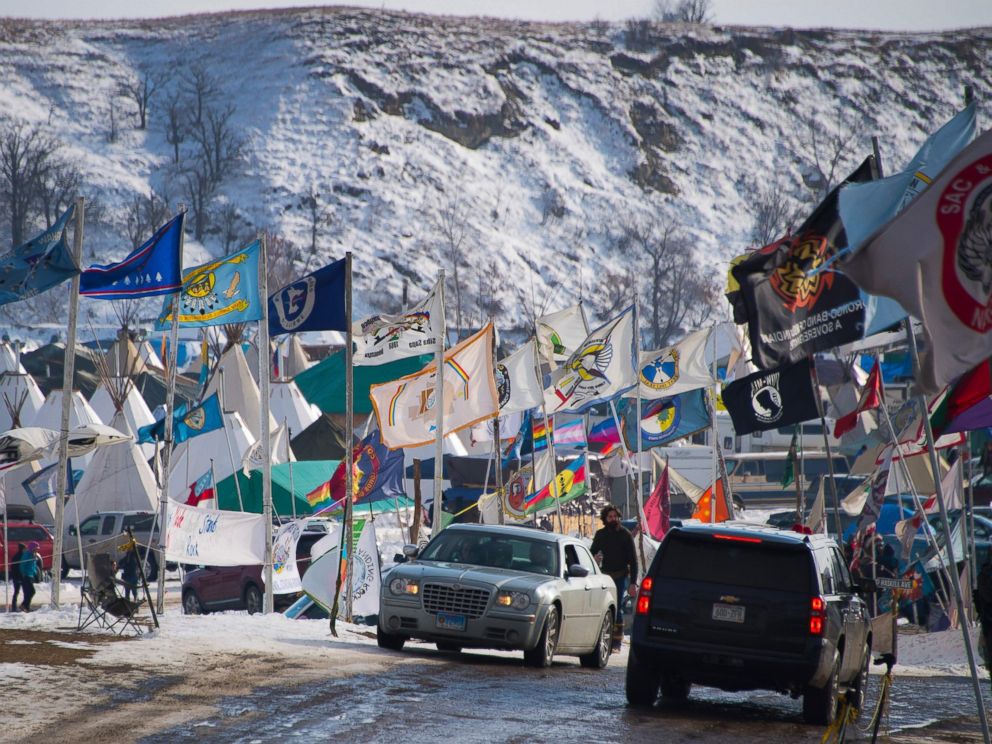 PHOTO: Flags flap in the wind on the main thoroughfare of Oceti Sakowin Camp on the edge of the Standing Rock Sioux Reservation, Dec. 3, 2016 outside Cannon Ball, North Dakota.