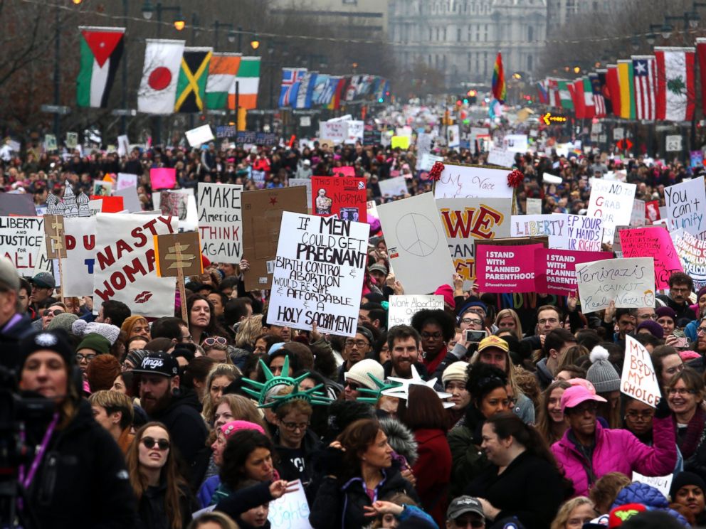 PHOTO: Thousands of protesters fill the Benjamin Franklin Parkway as they participate in a Womens March, Jan. 21, 2017 in Philadelphia. 