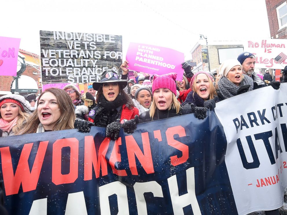 PHOTO: Jennifer Beals, Chelsea Handler and Charlize Theron participate in the Womens March on Main Street Park City, Jan. 21, 2017 in Park City, Utah. 