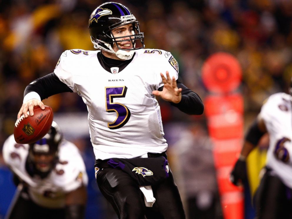 PHOTO: Joe Flacco #5 of the Baltimore Ravens looks to pass the football against the Pittsburgh Steelers during the AFC Championship game at Heinz Field on Jan. 18, 2009 in Pittsburgh, Pennsylvania. The Steelers won 23-14 to advance to Super Bowl XLIII.