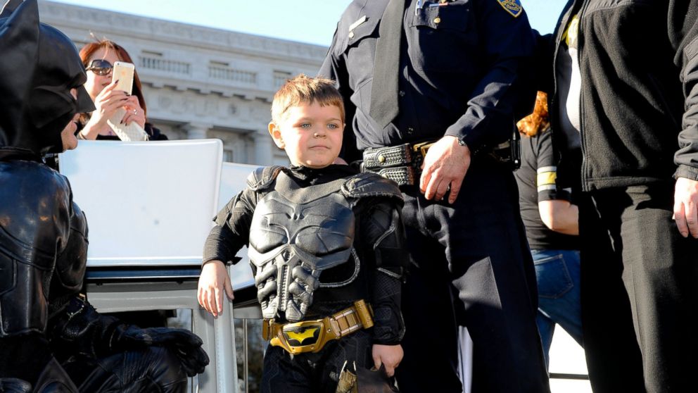 PHOTO: Batkid Miles Scott, 5, celebrates his special day at San Francisco City Hall, Nov. 15, 2013, in San Francisco. 