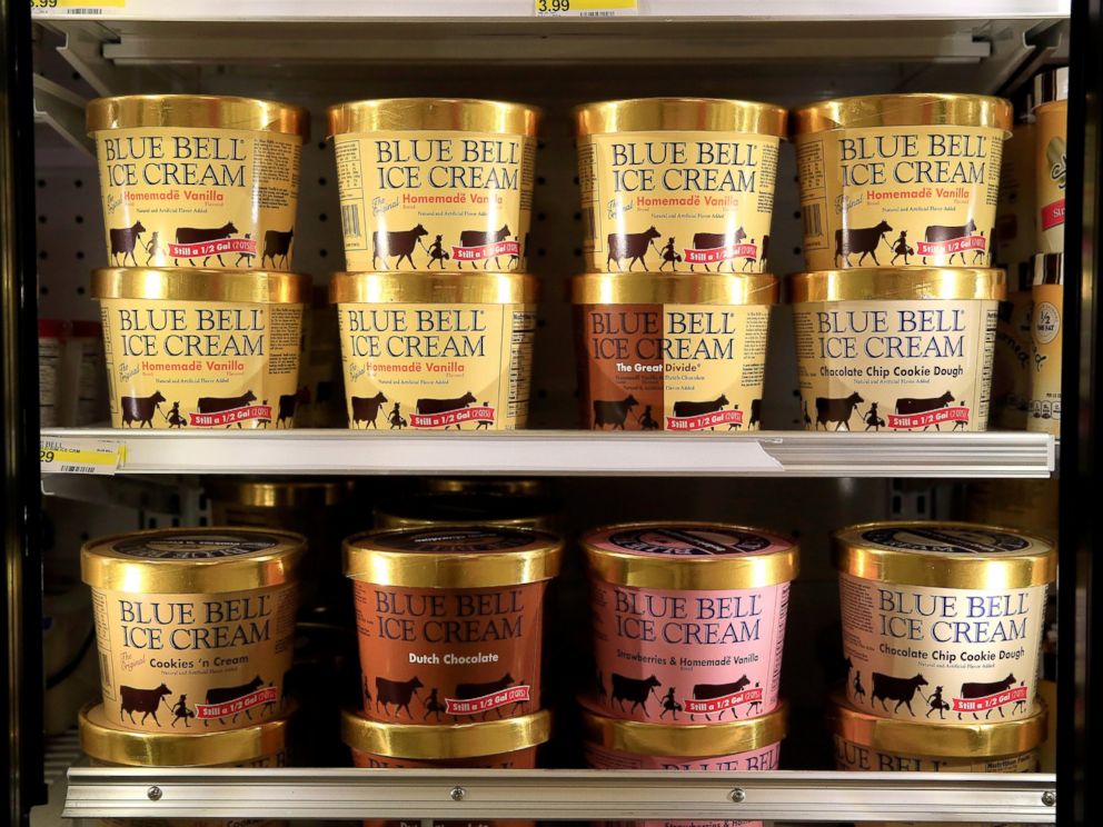 PHOTO: Blue Bell Ice Cream is seen on shelves of an Overland Park grocery store prior to being removed on April 21, 2015 in Overland Park, Kansas.