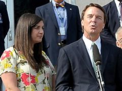PHOTO: Former U.S. Sen. John Edwards addresses the media alongside his daughter Cate Edwards at the federal court May 31, 2012 in Greensboro, N.C.