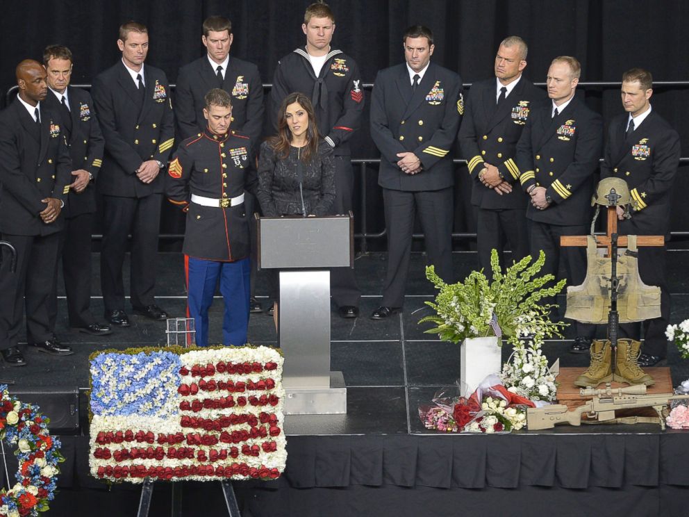 PHOTO: Taya Kyle addresses the audience at the funeral of her husband, Chris Kyle, at Cowboys Stadium in Arlington, Texas on Feb. 11, 2013.