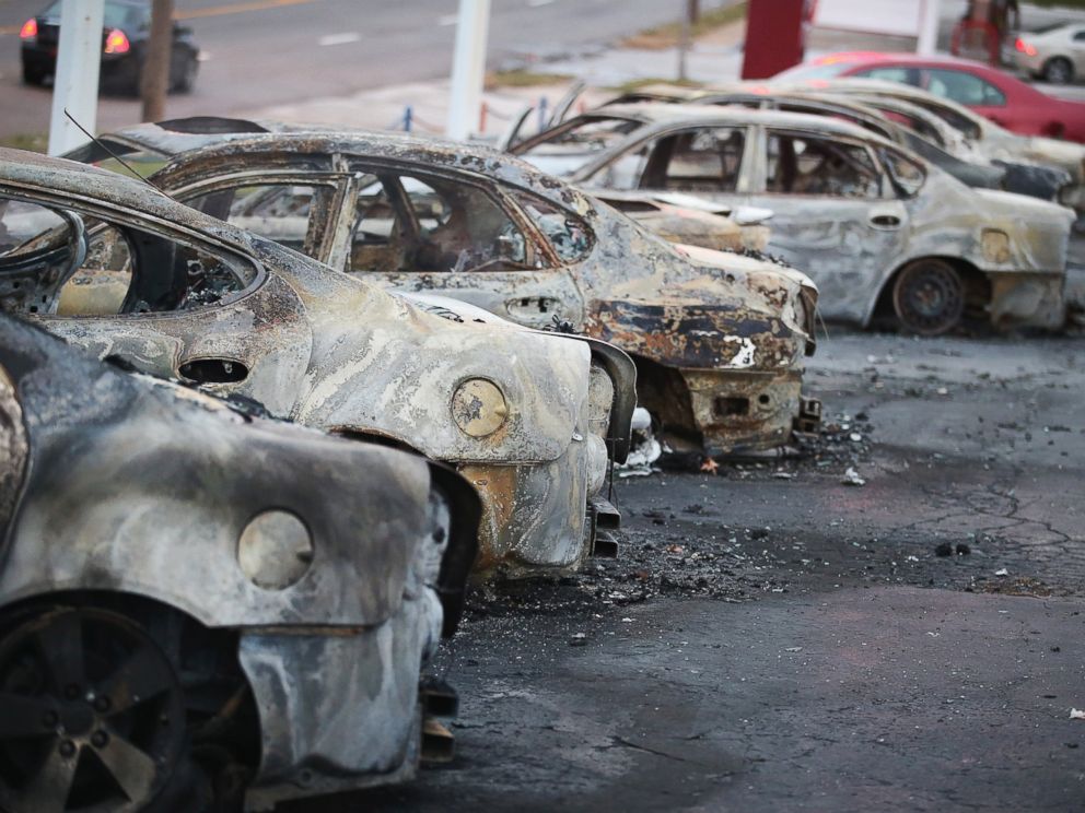 PHOTO: Cars which were set on fire when rioting erupted following the grand jury announcement in the Michael Brown case sit on a lot, Nov. 25, 2014 in Dellword Mo.