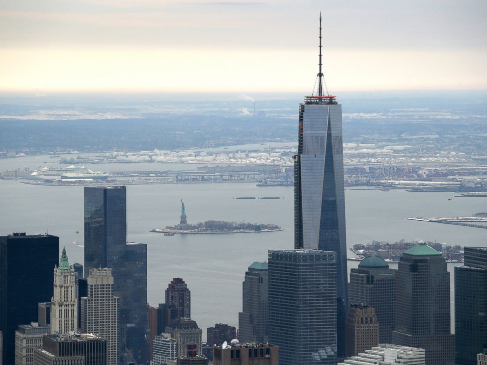 PHOTO: One World Trade Center, the tallest building in the Western Hemisphere, rises over downtown Manhattan, as seen from the window of a Customs and Border Protection (CBP), Jan. 31, 2014, in New York.