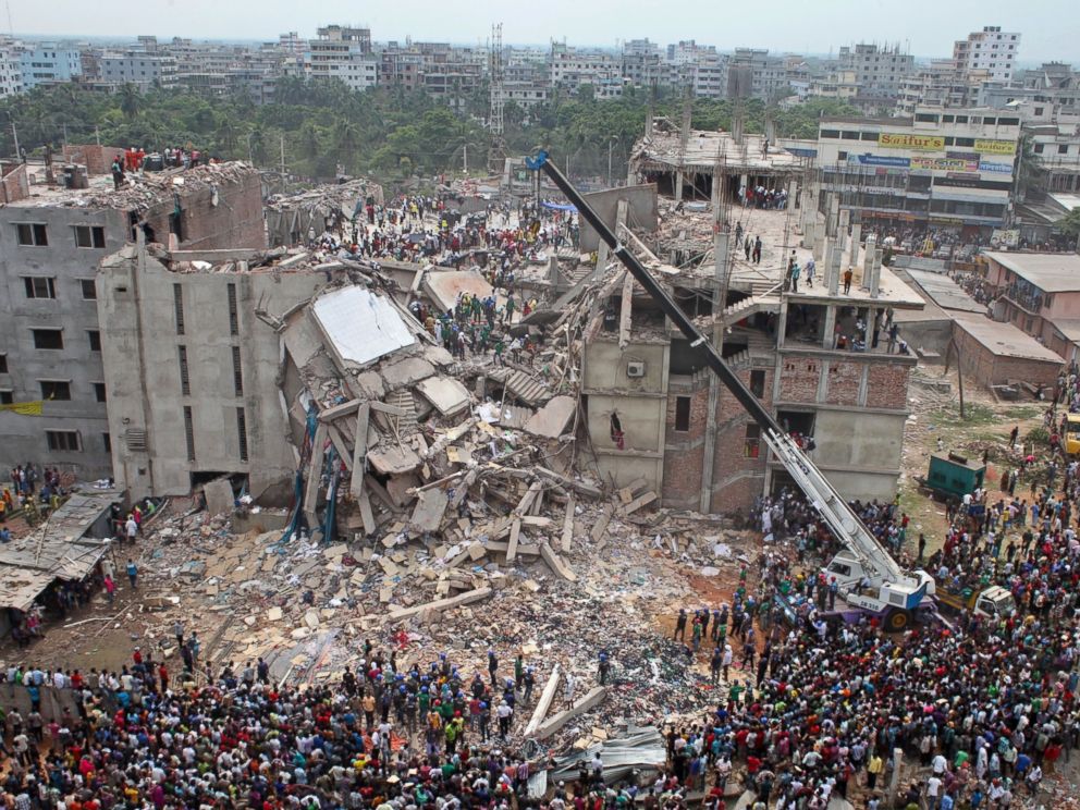 PHOTO: A file photo dated April 24, 2013 shows the general view of the Rana Plaza building collapse in Dhaka, Bangladesh.