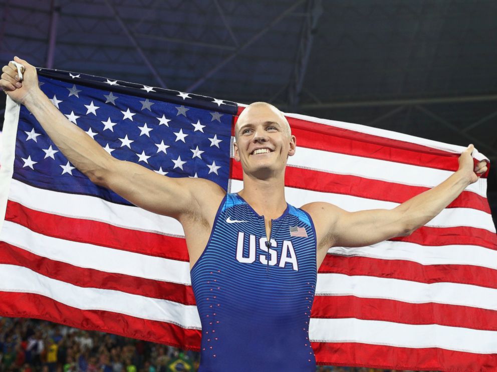PHOTO: Sam Kendricks of the United States celebrates winning the bronze medal in the Mens Pole Vault Final on Day 10 of the Rio 2016 Olympic Games, Aug. 15, 2016, in Rio de Janeiro, Brazil. 