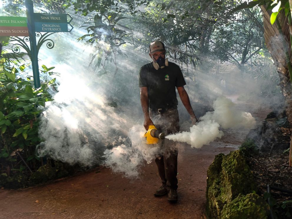 PHOTO: A grounds keeper at Pinecrest Gardens, former home of the historic Parrot Jungle, uses a blower to spray pesticide to kill mosquitos Aug. 4, 2016 in Miami