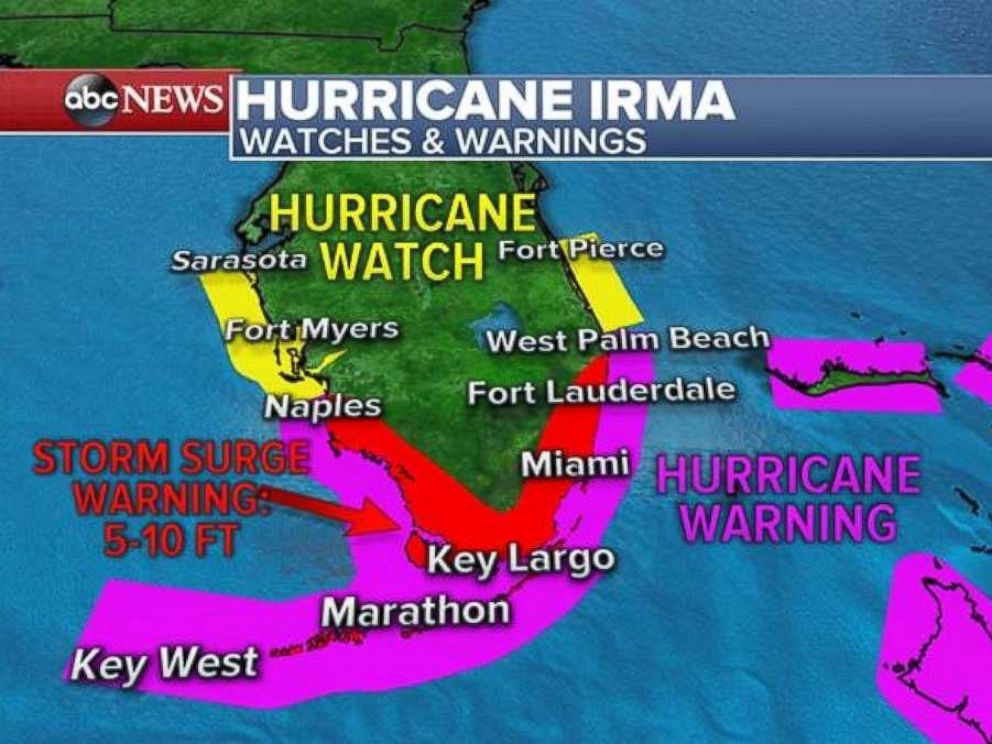 Hurricane and storm surge warnings for Florida as of early Friday, Sept. 8, 2017.