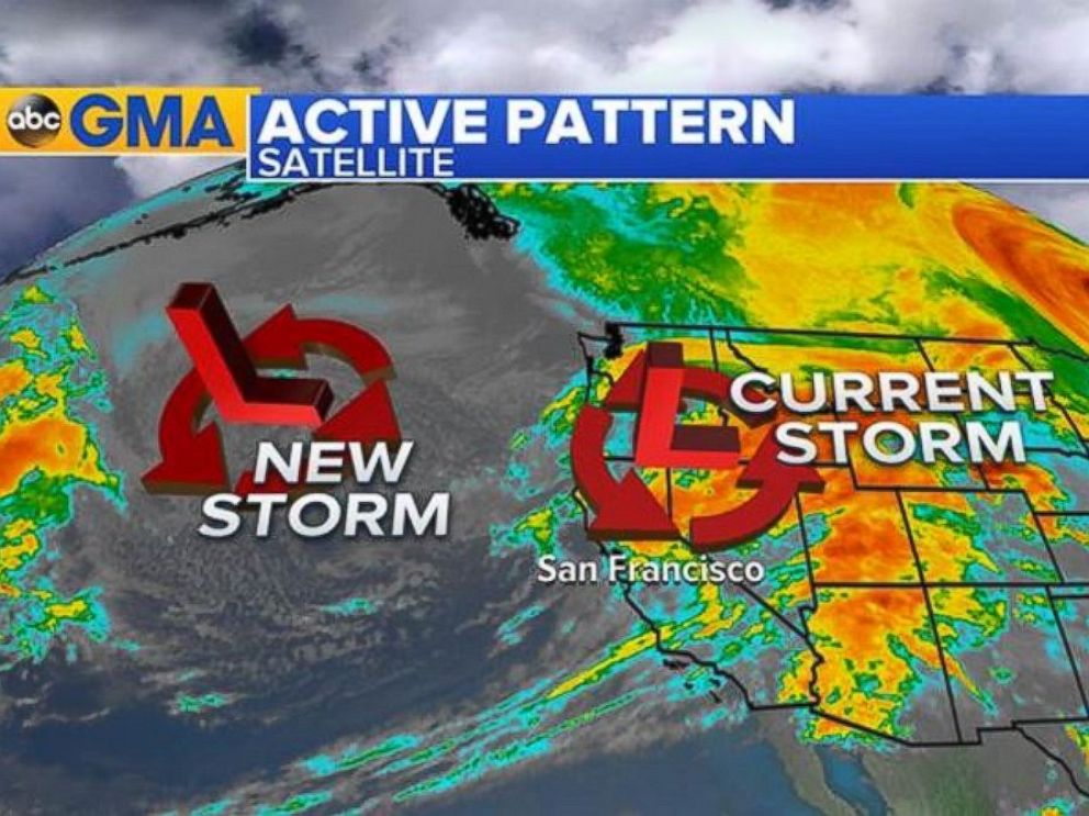 PHOTO: A satellite image shows the current status of the storm over California and a new storm moving in, Jan. 11, 2017.