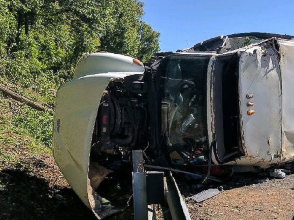 PHOTO: A bus overturned on Interstate 95 north of Baltimore, Md., May 15, 2017.