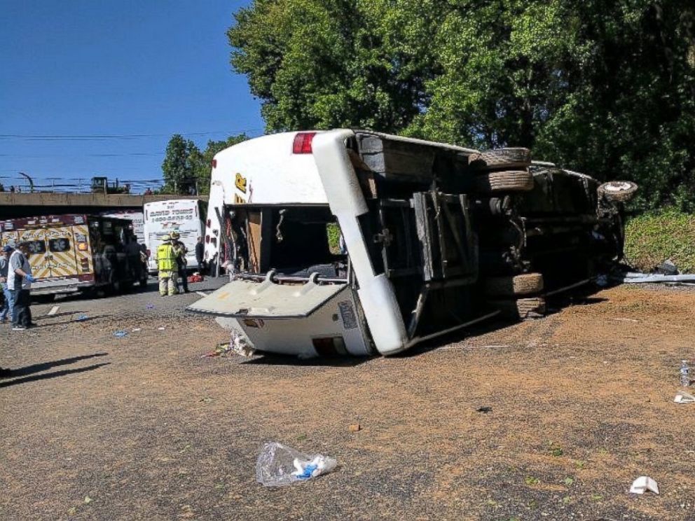 PHOTO: A bus overturned on Interstate 95 north of Baltimore, Md., May 15, 2017.