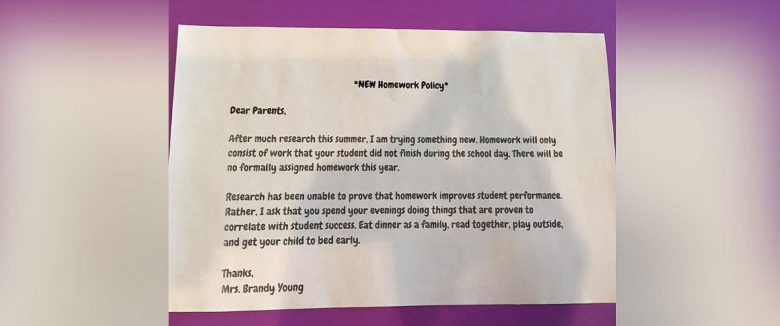 Parent letter regarding homework