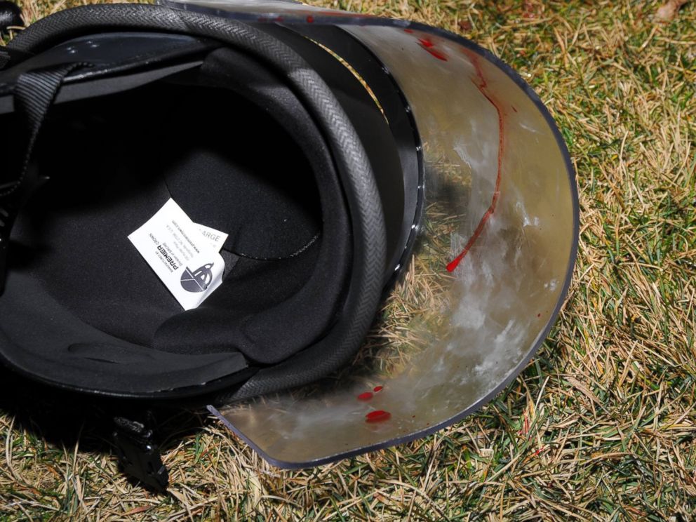 PHOTO: The St. Louis County Police posted images on their Facebook page of a bloodied police helmet on the ground after two police officers were shot outside of the Ferguson Police Department early March 12, 2015.