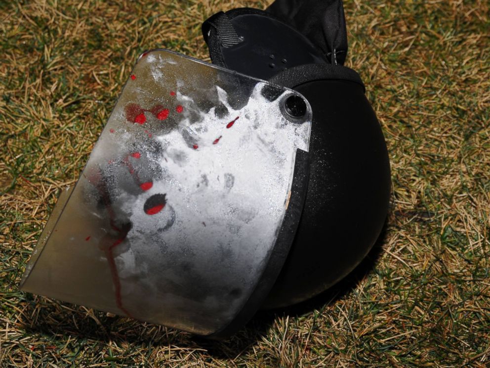 PHOTO: The St. Louis County Police posted images on their Facebook page of a bloodied police helmet on the ground after two police officers were shot outside of the Ferguson Police Department early March 12, 2015.