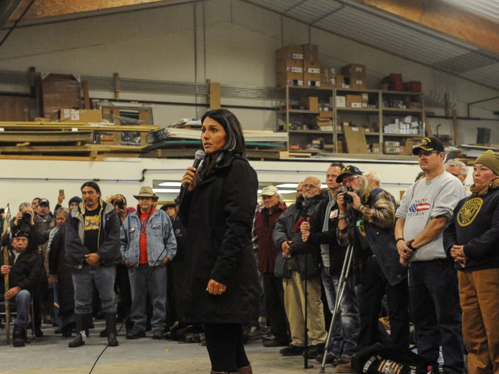 PHOTO: Tulsi Gabbard, Democratic Representative from Hawaii, speaks to veterans at a Sioux tribal welcome meeting at Sitting Bull College in Fort Yates, North Dakota, Dec. 3, 2016.
