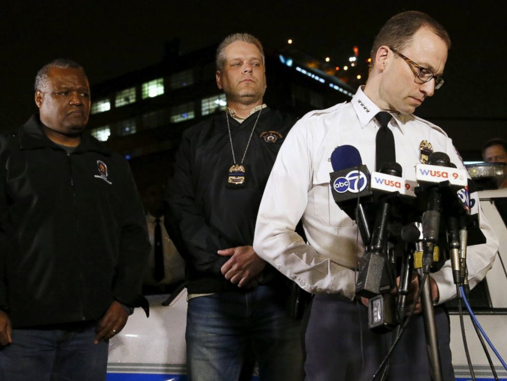 PHOTO: Prince Georges County Police Chief Hank Stawinski in white shirt, confirming one of their officers was shot and killed during remarks at a news conference at Prince Georges Hospital Center in Cheverly, Maryland March 13, 2016.