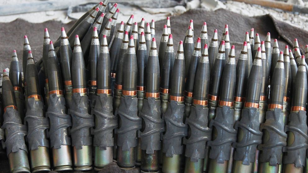 PHOTO: Ammunition is seen at an area controlled by forces loyal to Syrias President Bashar al-Assad at the front line during clashes with opposition fighters during a guided tour by the Syrian Army in the Damascus suburb of Jobar, Aug. 24, 2013.