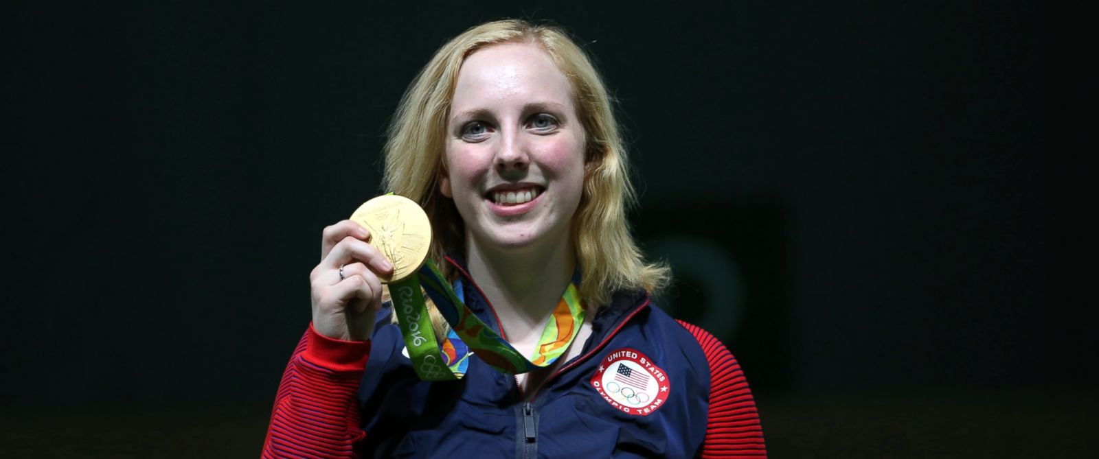 PHOTO: Virginia Thrasher of the United States poses with her gold medal in the Womens 10m Air Rifle event at Olympic Shooting Center during the 2016 Summer Olympics in Rio de Janeiro, Aug. 6, 2016.