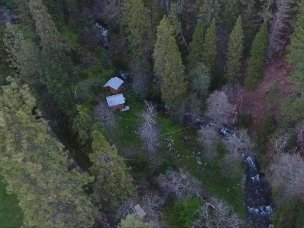 PHOTO: A birds-eye view of the two cabins where police found Elizabeth Thomas and Tad Cummins in northern California.
