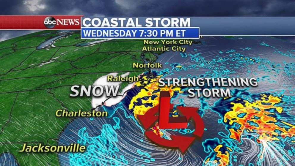 The storm will gain strength off the coast of the Carolinas on Wednesday evening.