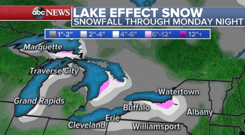 Lake effect snow will be lighter on Sunday and Monday in western Pennsylvania and New York than it was last week.