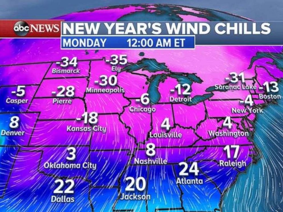 Wind chill readings for much of the eastern half of the U.S. will be below zero and even in the teens and 20s in the South.
