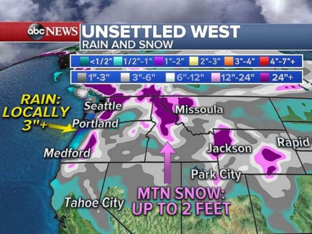 Rain totals will be over 3 inches in coastal regions, while mountains will get as much as 2 feet.