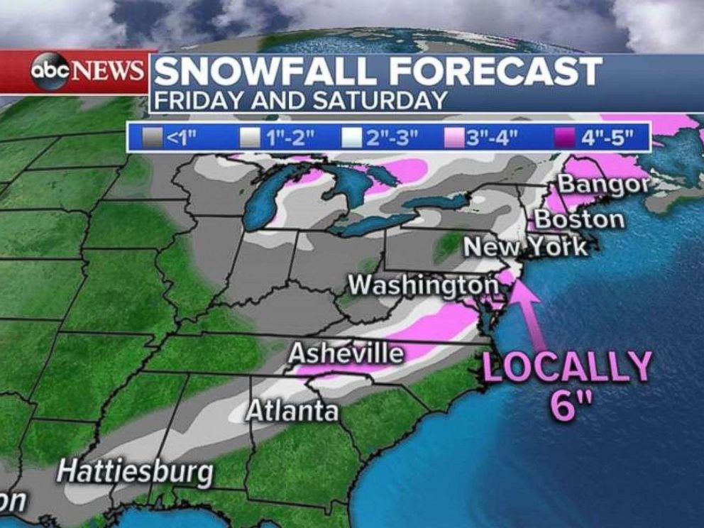 The heaviest snow totals will come in the southern New Jersey and Delaware area.