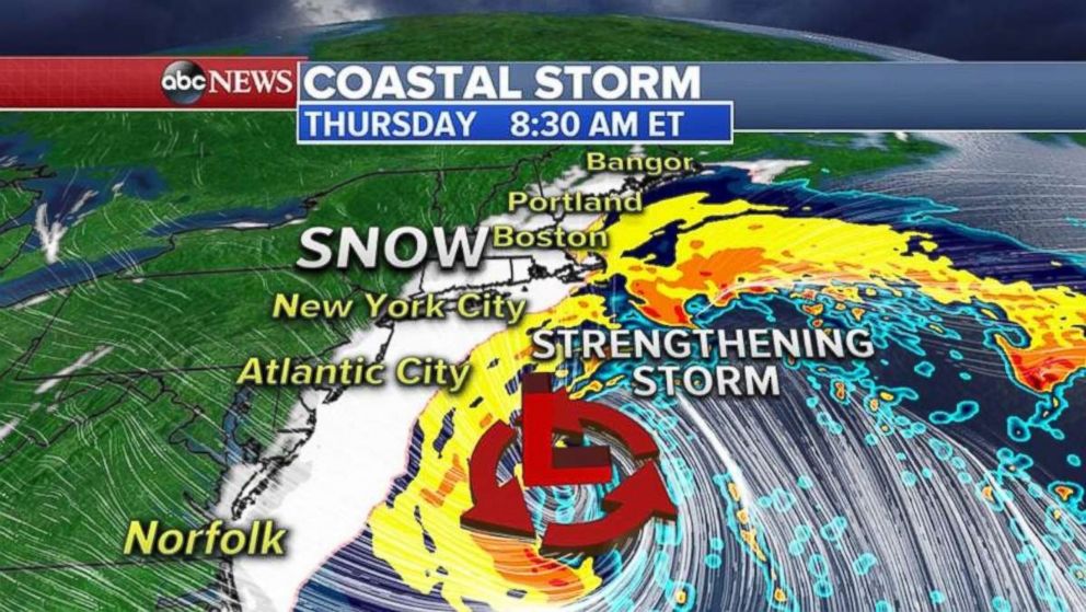 The storm will bring snow to the East Coast on Thursday morning.